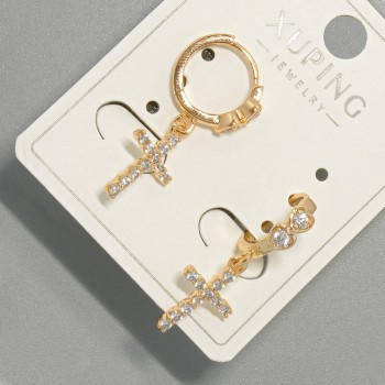 Cercei «Cruce» Xuping cu strasuri albe, diametrul 9x14 mm, lungime 26 mm, placare cu aur 18K