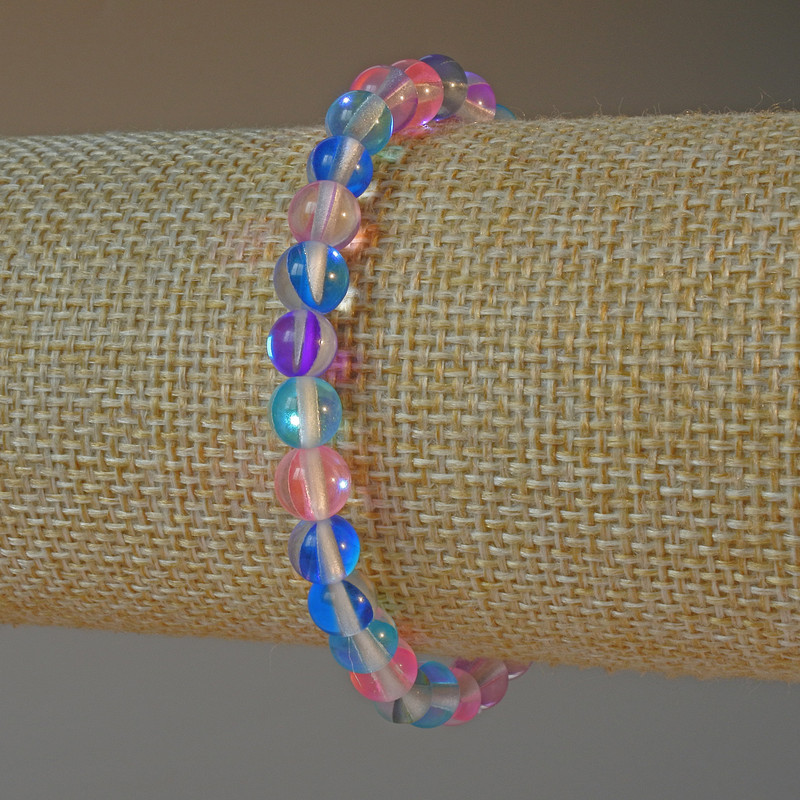 Brățară din sticlă opală, mărgele asortate, rotunde, diametrul 6,5 mm, lungime 18 cm (elastic)
