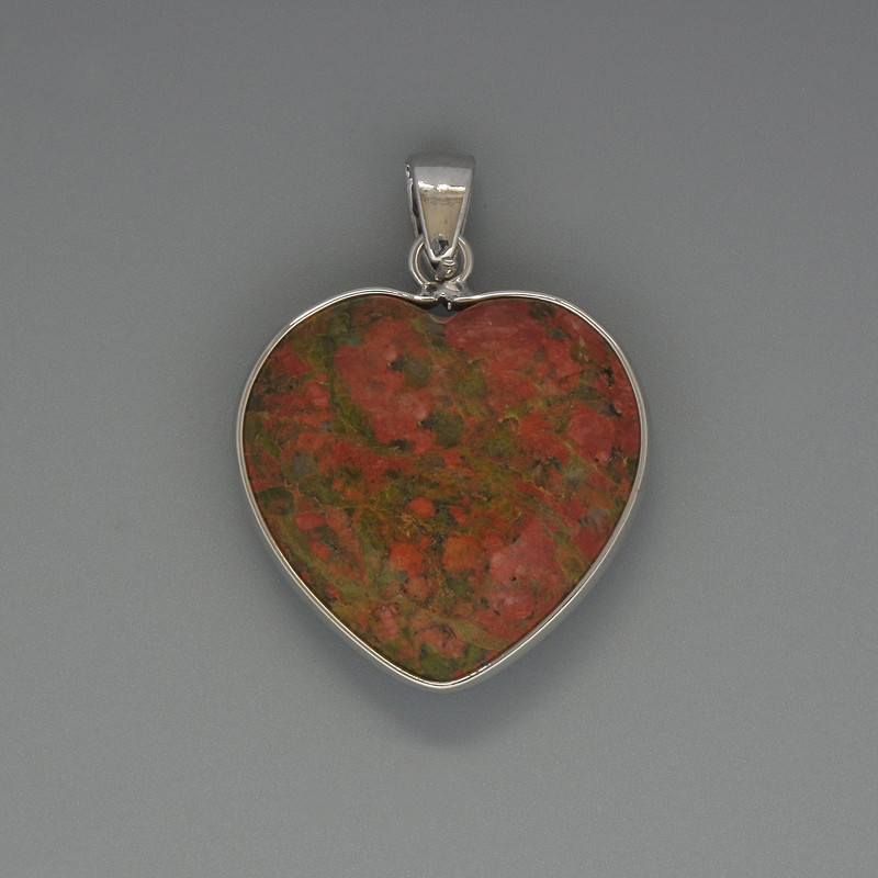 Pandantiv Inimă din jasper heliotrop, diametrul 26×26 mm, lungimea 36 mm, în ramă argintie