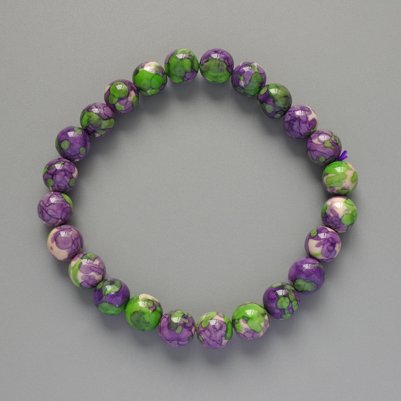 Brățară «Varisit» (acrilic sintetic) culori mov, alb și verde, bilă netedă, diametrul 8,5 mm ±, lungime 18 cm ± (elastic)