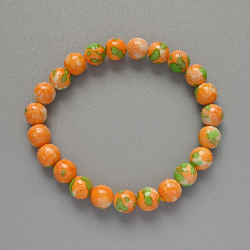 Brățară „Variscit” (acrilic) verde, portocaliu și alb, mărgele netede, diametrul de 8,5 mm, lungime 18 cm (elastic)