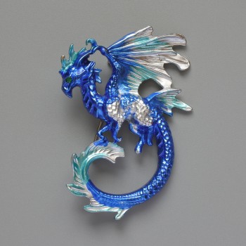 Broșă-pandantiv Dragon, albastru și gri, email mat, metal argintiu, 42×58 mm
