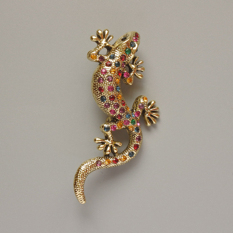 Broșă Șopârlă cu cristale colorate, metal auriu, 29x63 mm