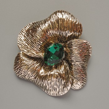 Broșă-pendentă Floare, cristal verde, metal auriu deschis, 55×63 mm