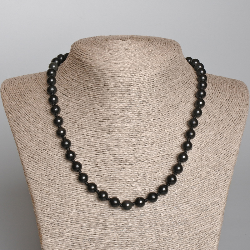 Colier din obsidian argintiu, piatră naturală, mărgele netede, diametrul de 8 mm, lungime 49 cm