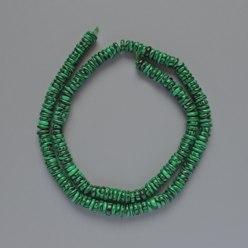 Mărgele de malahit (presat), rondelle netede, diametrul 6×2 mm, lungime 39 cm, pe șnur