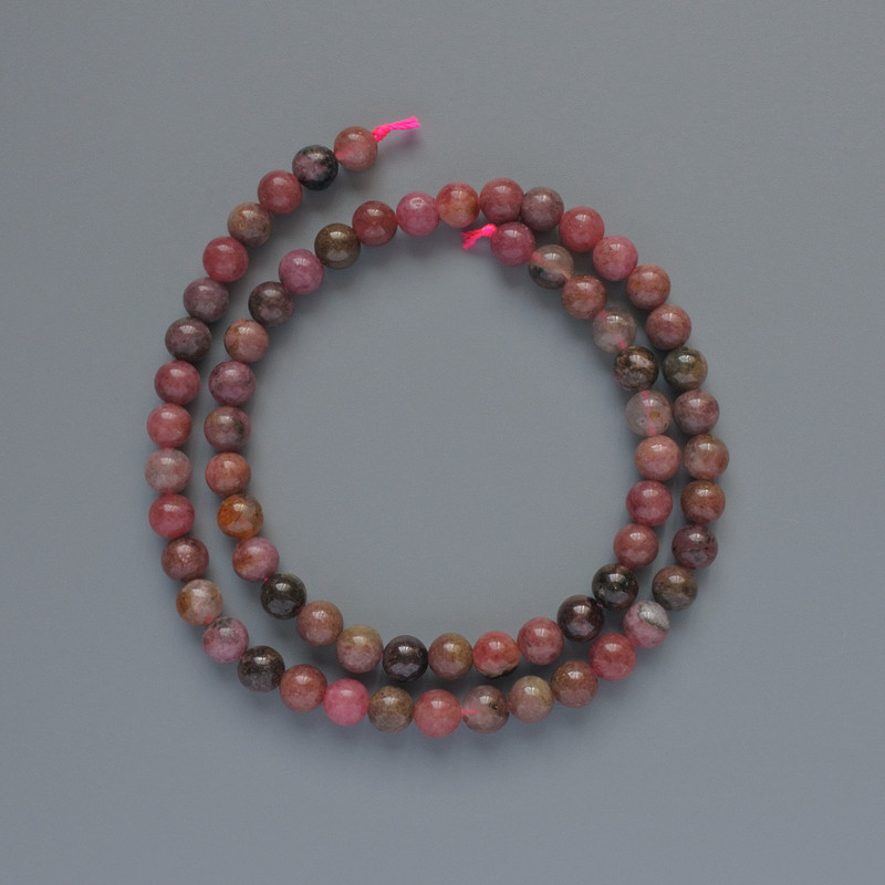Mărgele din rhodonit natural, formă sferică netedă, diametru 6 mm ±, lungime 38 cm ±, pe șnur