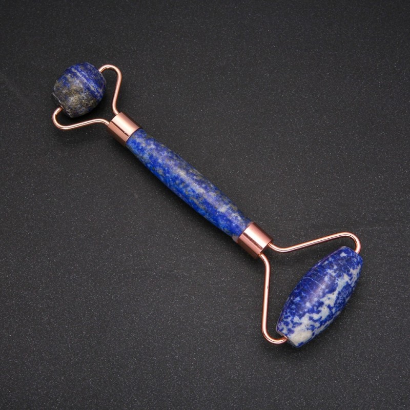 Masajer cu piatră lazurit, bidirecțional, lungime 14,5 cm, metal auriu