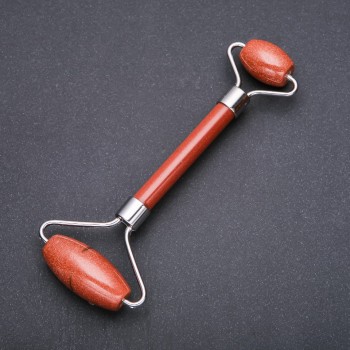 Masajer din piatră de aventurin – nisip auriu, cu două fețe, lungime 14,5 cm, mâner metalic argintiu