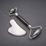 Set de masaje cu hematit, piatră naturală – rolă de masaj (lungime aproximativ 14 cm) + Gua Sha (5×8 cm +/-), metal argintiu