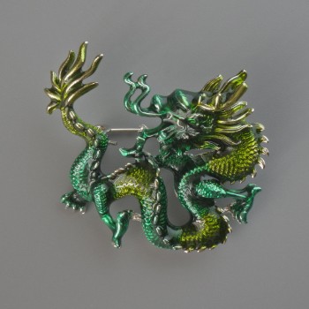 Broșă-pendat Dragon, email verde și verde deschis, metal argintiu 44×37 mm