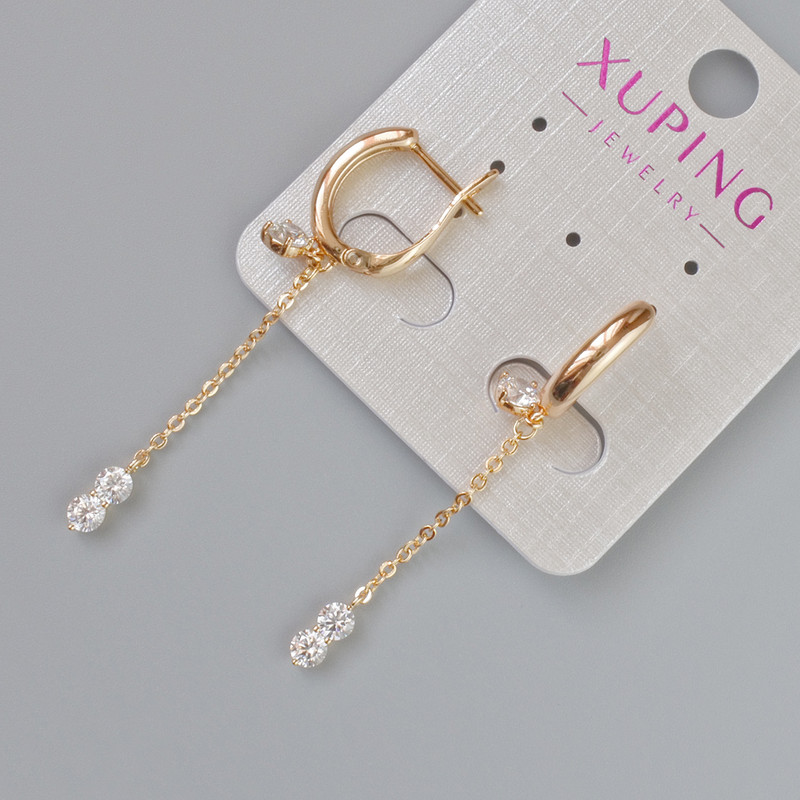 Cercei Xuping cu cristale albe, diametru 7,5×3,5 mm, lungime 49 mm, placare cu aur 18K