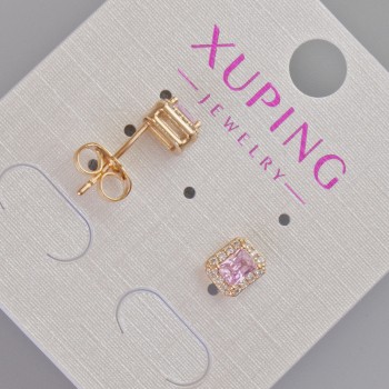 Сережки пусети Xuping з рожевим кристалом та білими стразами, діаметр 6, 5х5, 5мм+- Позолота 18К