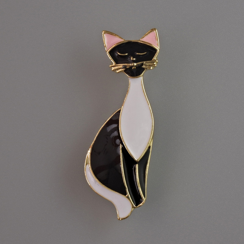 Broșă Pisicuță, email negru și alb, metal auriu, 37×13 mm
