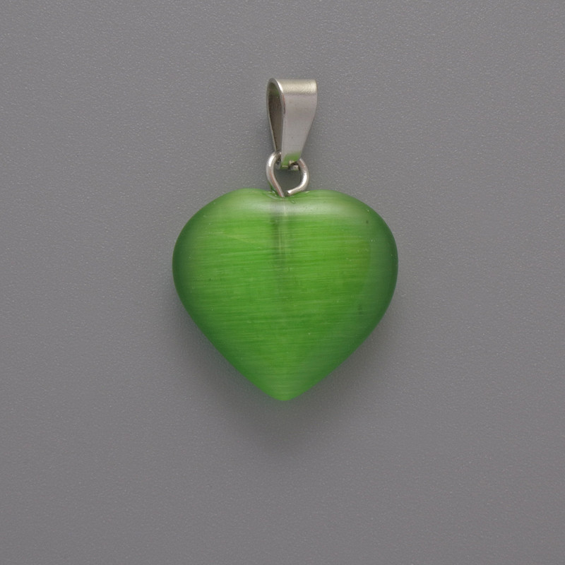 Pandantiv Inimă din ochi de pisică verde, diametrul 15x16x5 mm, lungime 23 mm