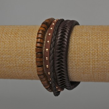 Brățări pentru bărbați din eco-piele, set de 3 bucăți, culoare maro (închidere reglabilă și elastic)