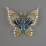 Broșă fluture cu cristale albastre și albe, email bej și albastru, 45x52 mm, metal auriu