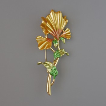 Broșă Iris, email galben-verde, 78×34 mm, metal auriu