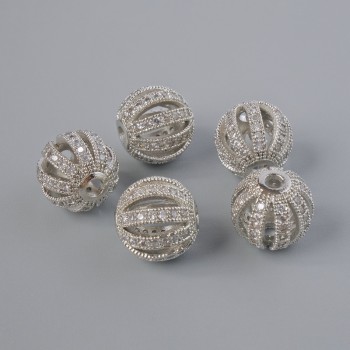 Furnitură mărgea inserție cu cristale albe, diametrul 10 mm, gaură ~2,2 mm, culoare argintie a metalului, 1 bucată