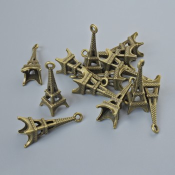 Furnitură – pandantiv Turnul Eiffel, diametrul 20×9 mm, diametrul găurii 1,5 mm, set de 15 bucăți, culoare bronz a metalului