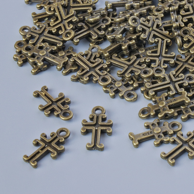 Furnitură pandantiv 'Cruce', diametrul 11×6 mm, diametrul găurii 1,3 mm, set 70 bucăți +/- culoare bronz a metalului
