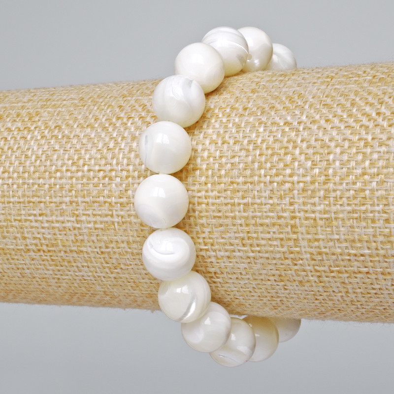 Brățară din sidef natural, bilă netedă de 10 mm, lungime 18 cm ± (extensibil)