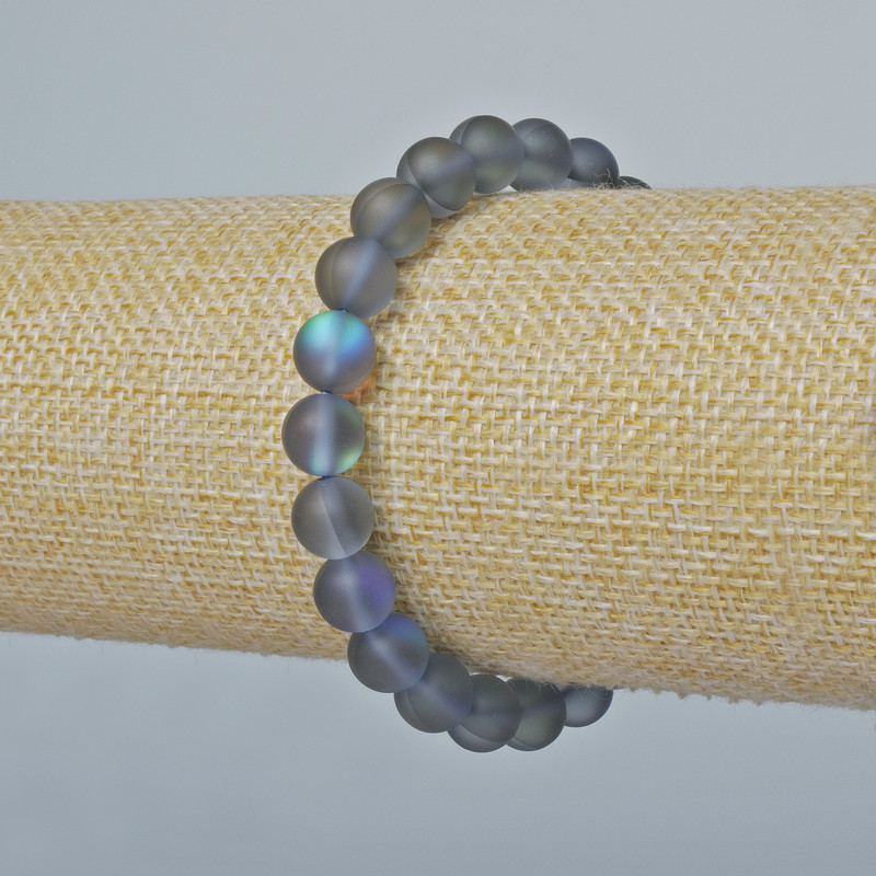 Brățară din sticlă opală, mărgele sferice netede, culoare gri mat camaleon, diametru 8 mm +/-, lungime 18 cm +/- (elastic)