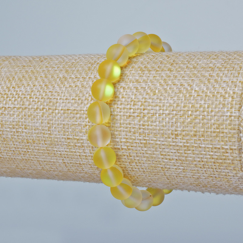 Brățară din sticlă opală, mărgele netede, culoare galben mat camaleon, diametru 8 mm, lungime 18 cm (extensibilă)