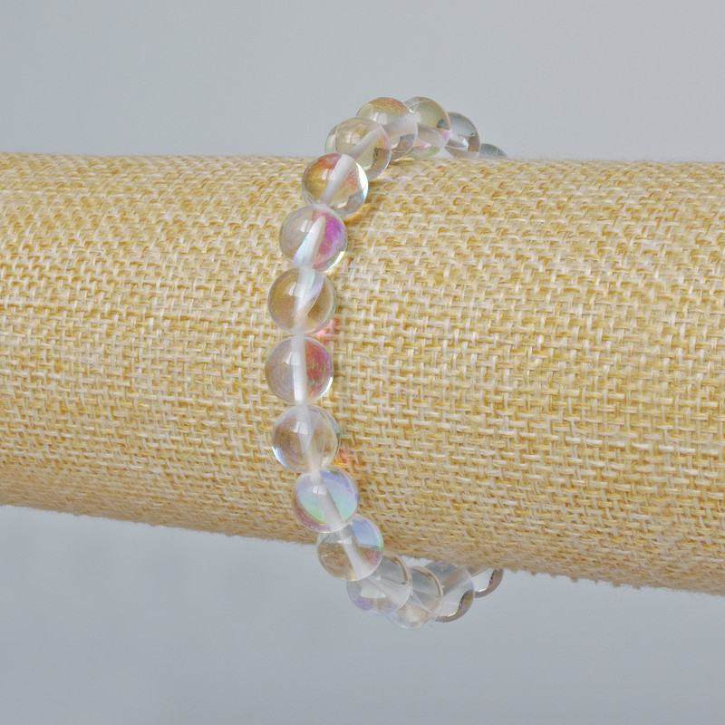 Brățară din sticlă opală, bile netede, culoare albă, transparentă cu reflexe opale, diametru 8 mm, lungime 18 cm (elastică)