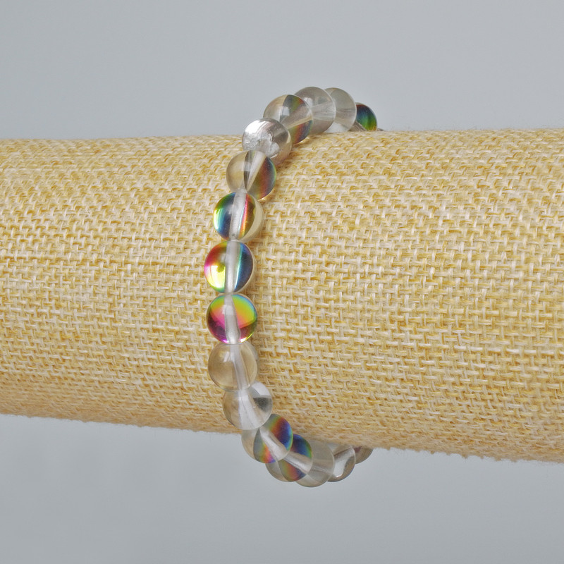 Brățară din sticlă opală, bile netede, culoare alb translucidă cu reflexe hameleon, diametrul 8 mm ±, lungime 18 cm ± (elastic)