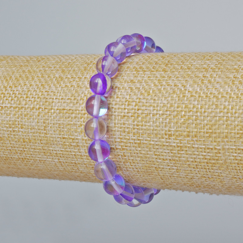 Brățară din sticlă opală, mărgele netede, culoare mov opal transparent, diametru 8 mm ±, lungime 18 cm ± (extensibil)