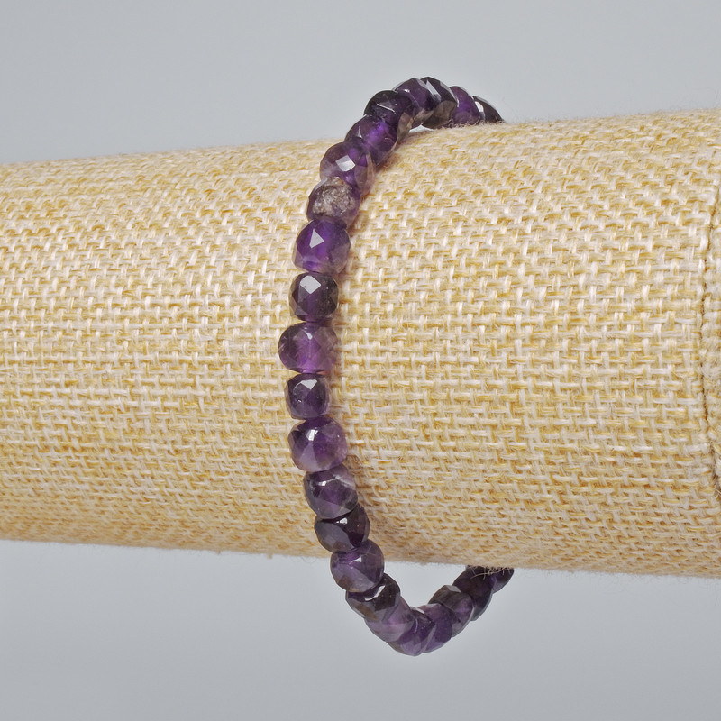 Brățară din ametist natural, piatră fațetată în formă de cub, diametrul de 6,5 mm, lungimea de 18 cm, elastic