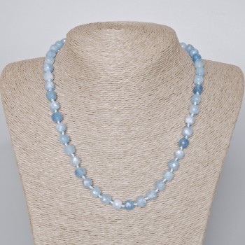 Colier din acvamarin, piatră naturală tăiată în cuburi, diametru 7,5 mm, lungime 48–50 cm