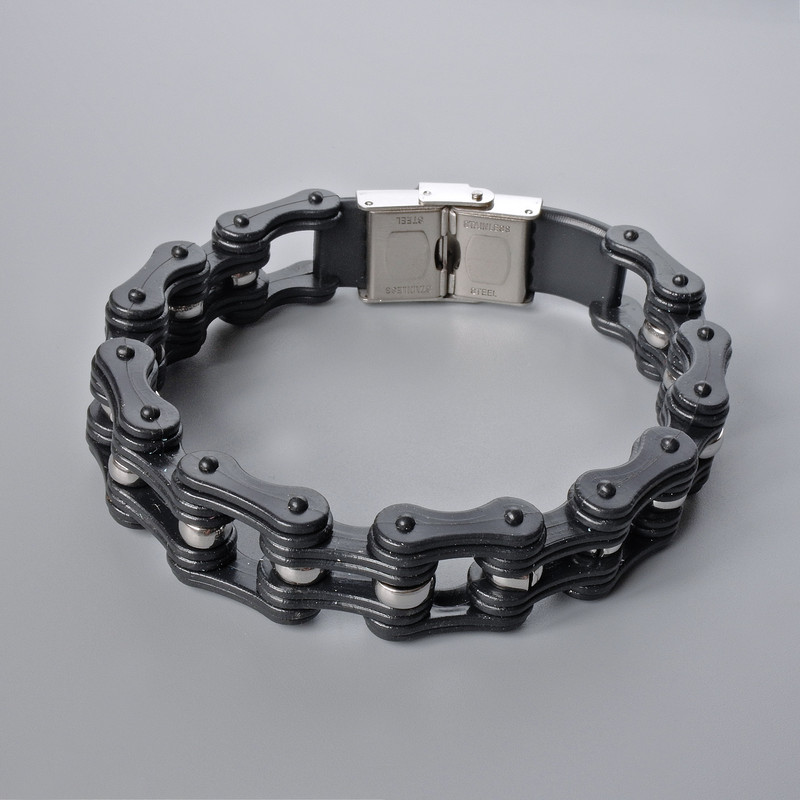Brățară-lanț din metal argintiu și gumă neagră, grosime 16 mm, lungime 23 cm +