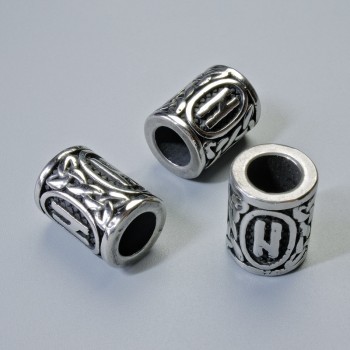 Mărgea Rună nordică argintie, diametru 13x10 mm, gaură de 6 mm, culoare argintie a metalului, 1 bucată