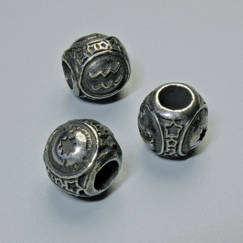 Furnitură mărgea-inserție Semn zodiacal «Vărsător», diametru 9x10 mm, gaură diametru 4,3 mm, culoare metalică argintiu închis, 1 bucată