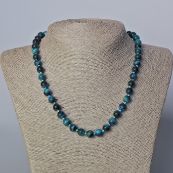 Colier «Ochi de Pisică Azuriu» din piatră naturală, mărgele netede, diametrul 8 mm, lungime 45–48 cm