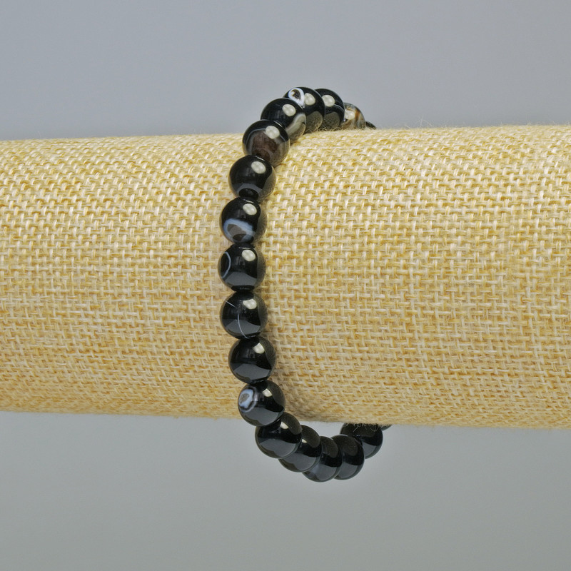 Brățară din agat negru, piatră naturală, cu mărgele netede de 8 mm, lungime 18 cm, pe elastic