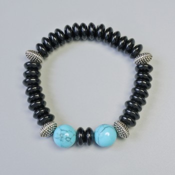 Brățară din agat negru și turcoaz (presat) cu rondel neted și mărgele, diametrul 12 mm, 10x4,5 mm+- (elastic), lungime 18 cm+- cu inserții metalice