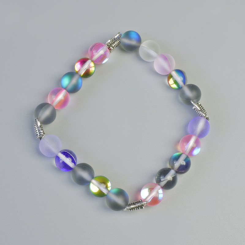 Brățară din sticlă opală, asortiment de mărgele netede, diametrul 8 mm +/- (elastică), lungimea 18 cm +/- cu inserții metalice