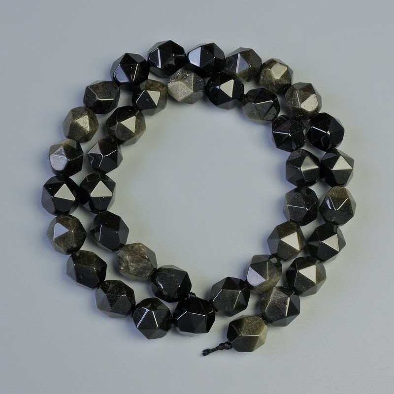 Mărgele din obsidian solar, piatră naturală, multifațetate, diametru 8,5 × 10 mm, lungime 38 cm, pe șnur