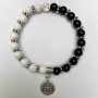 Brățară din agat negru și alb, mărgele netede, diametrul 8 mm ±, lungime 18 cm ±, cu inserții metalice