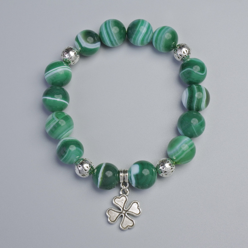 Brățară din agat verde, bilă netedă, diametrul 12 mm +/- (elastic), lungime 18 cm +/- cu inserții metalice
