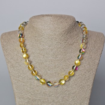 Colier din sticlă opală galben transparent, efect chameleon, bile lucioase, diametru aproximativ 10 mm, lungime 45–47 cm