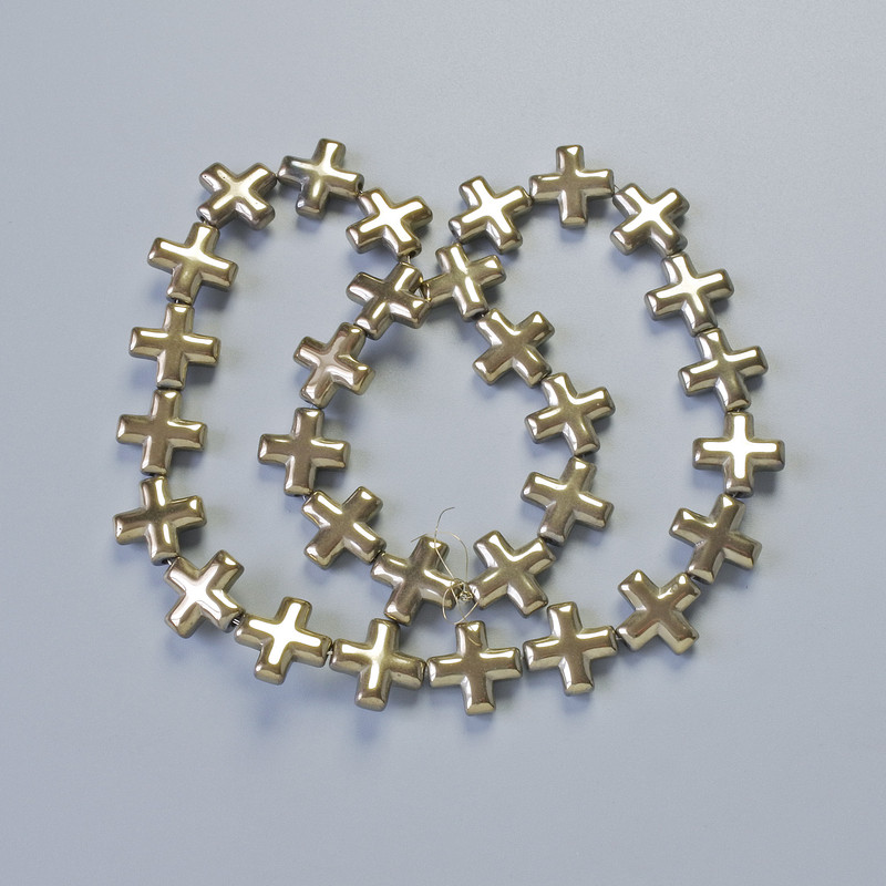 Mărgele de hematit în formă de Cruce, culoare bronz deschis, diametru 12,5×12,5 mm, lungime 40 cm, pe șnur