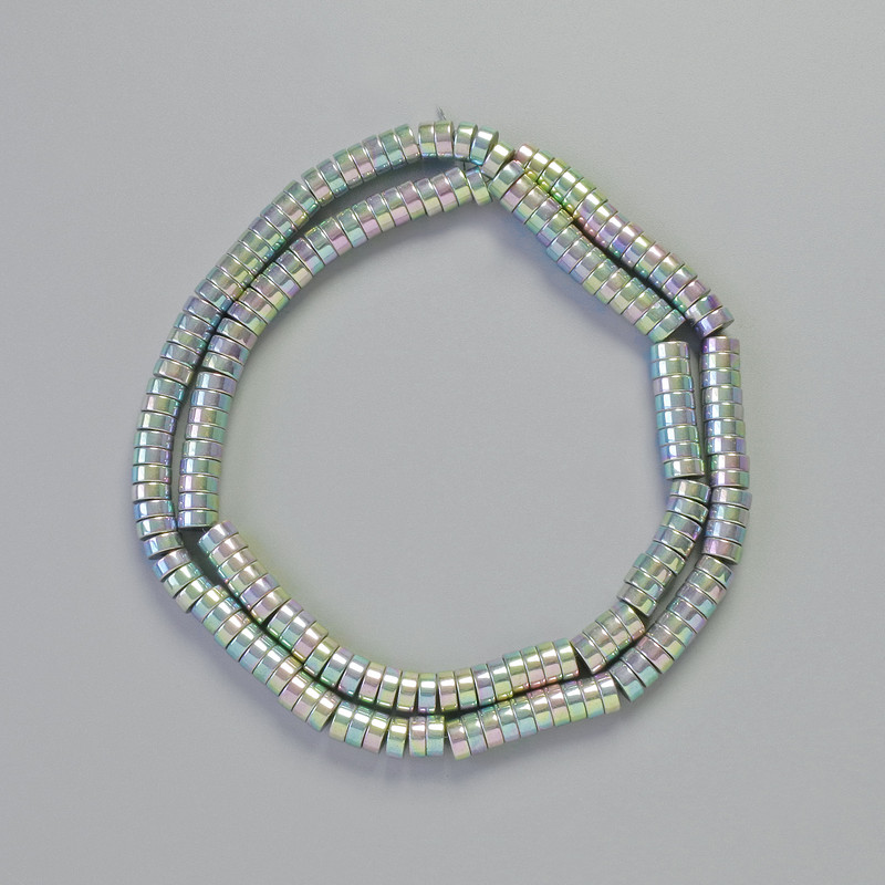 Mărgele hematit rondelle, culoare argintiu-curcubeu, diametrul 5x2mm+-, lungimea 42cm+- pe șnur