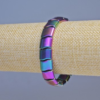 Brățară din hematit, culoare «val benzină», diametru aproximativ 12×10 mm, lungime 18 cm, bandă elastică