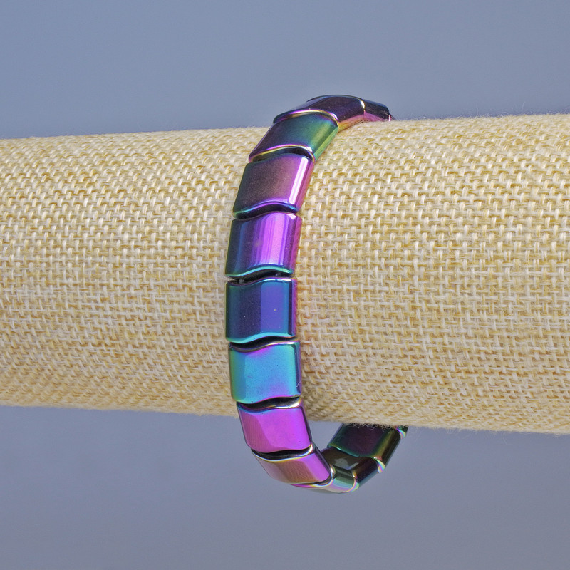 Brățară din hematit, culoare «val benzină», diametru aproximativ 12×10 mm, lungime 18 cm, bandă elastică