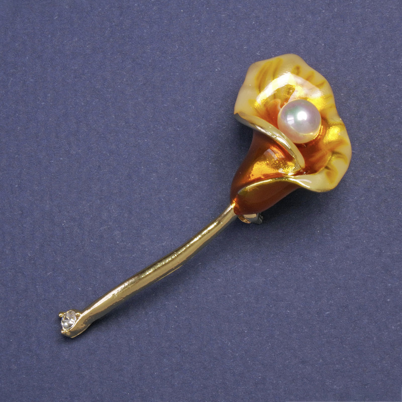 Broșă-pendată floare Kali email galben, culoare metal aurie 52×23 mm+