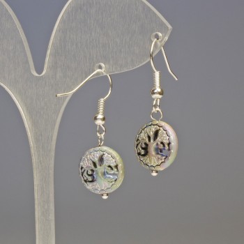 Cercei din hematit, lemn albastru și argintiu, diametrul 12x4 mm, lungimea 3,2 cm